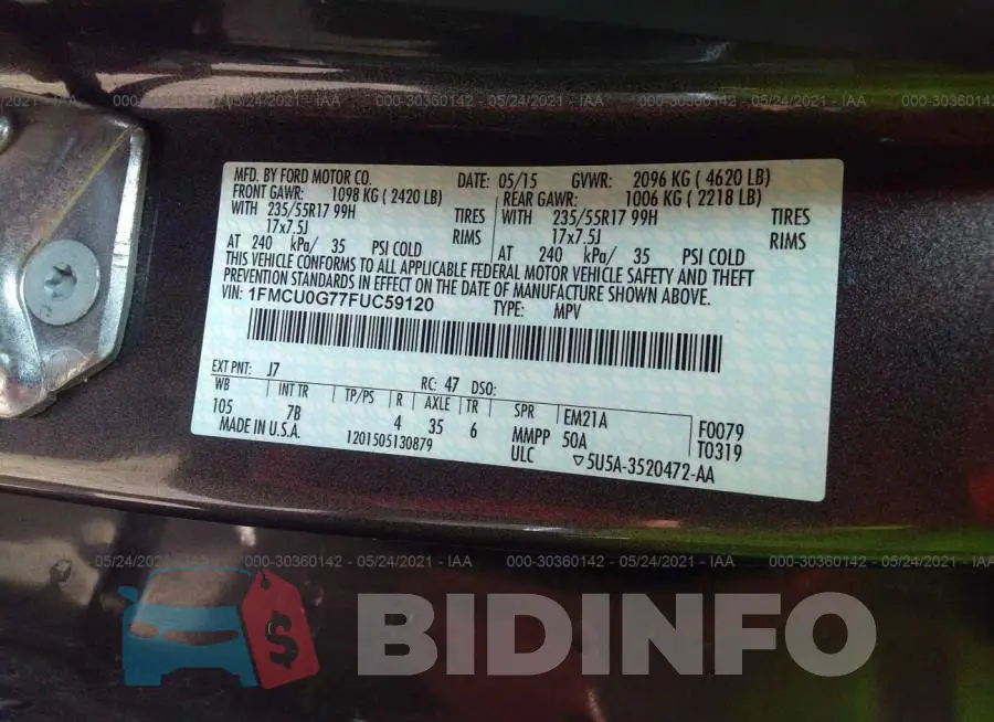 1FMCU0G77FUC59120 Photo# 9
