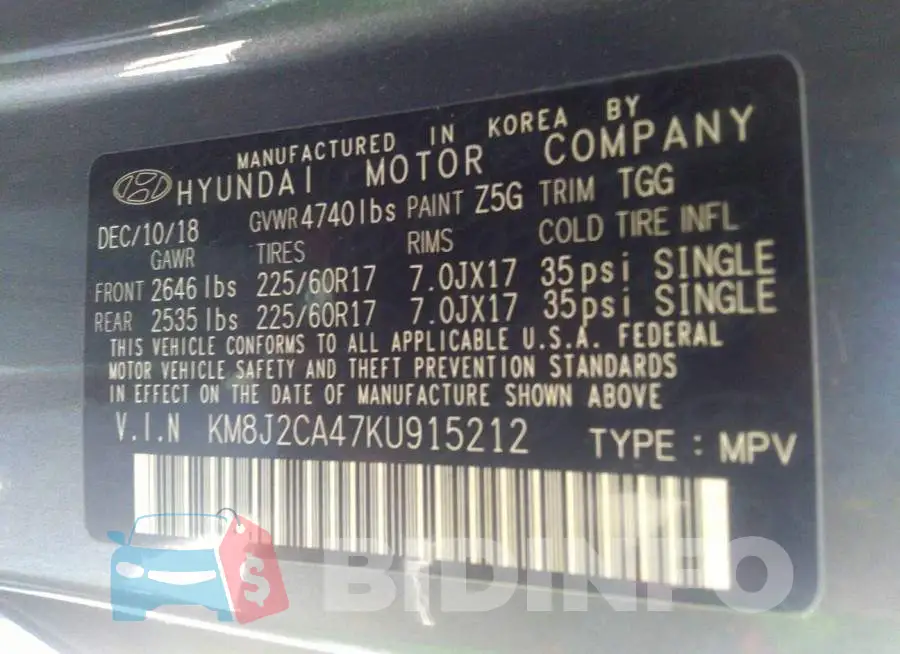 KM8J2CA47KU915212 Photo# 9
