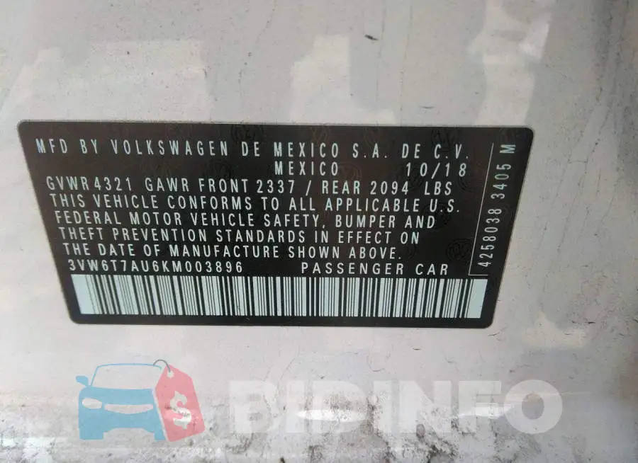 3VW6T7AU6KM003896 Photo# 9