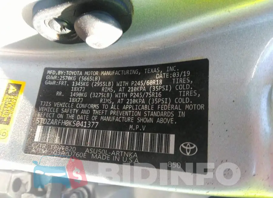 5TDZARFH0KS041377 Photo# 9