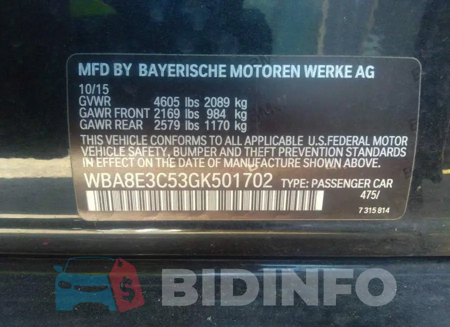 WBA8E3C53GK501702 Photo# 9