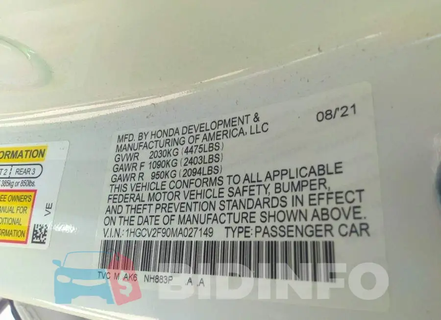 1HGCV2F90MA027149 Photo# 9