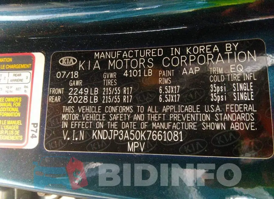 KNDJP3A50K7661081 Photo# 9