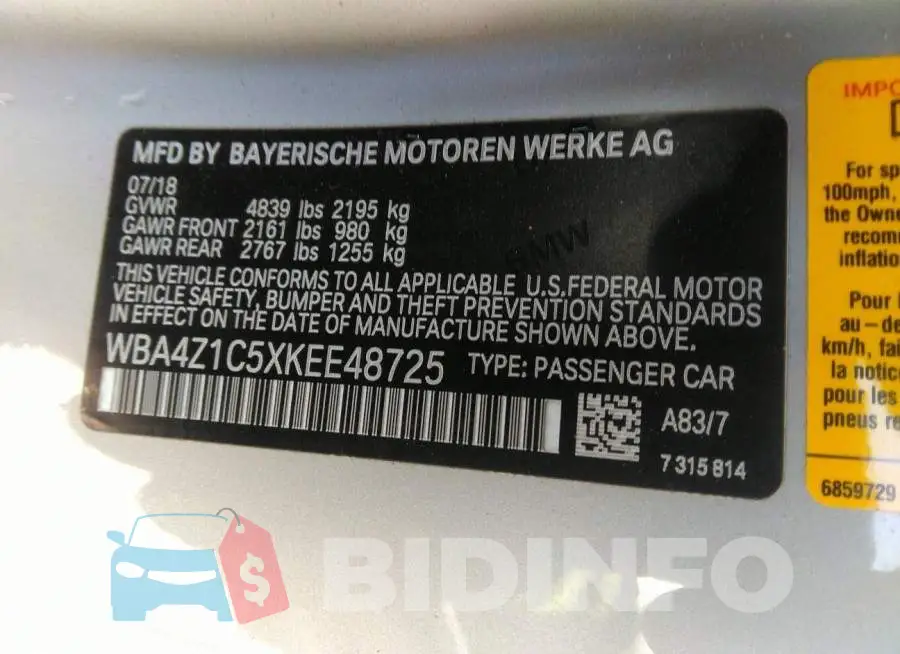 WBA4Z1C5XKEE48725 Photo# 9
