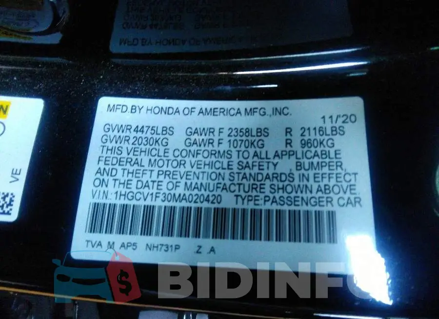 1HGCV1F30MA020420 Photo# 9