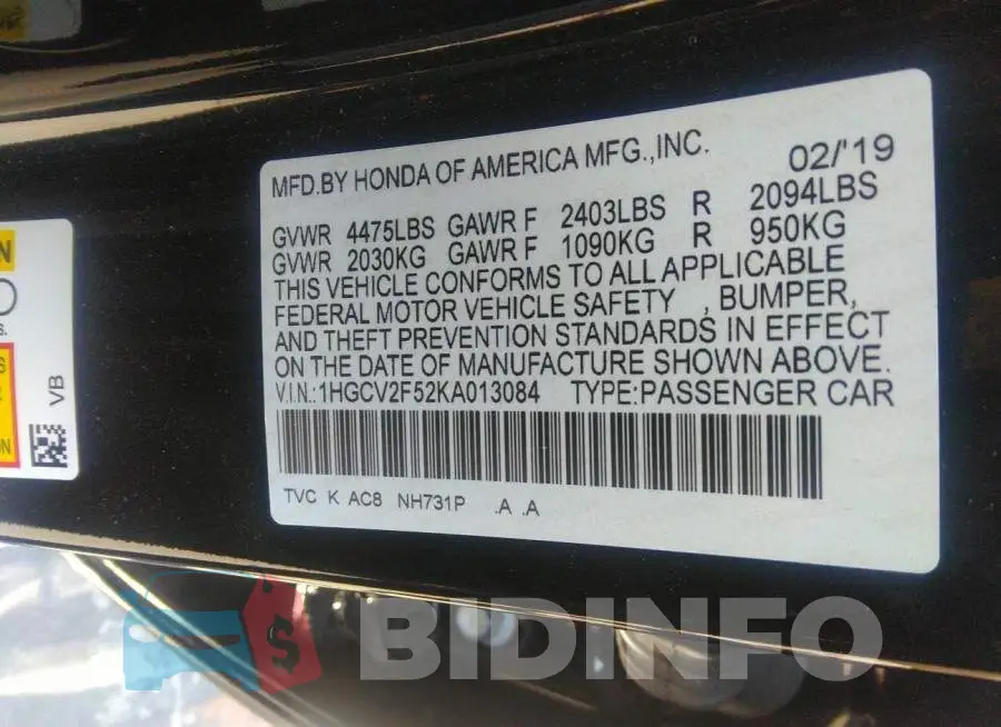 1HGCV2F52KA013084 Photo# 9