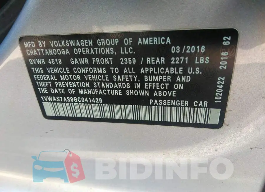 1VWAS7A39GC041426 Photo# 9