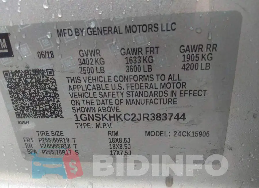 1GNSKHKC2JR383744 Photo# 9