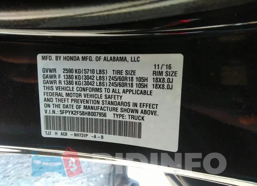 5FPYK2F58HB007956 Photo# 9