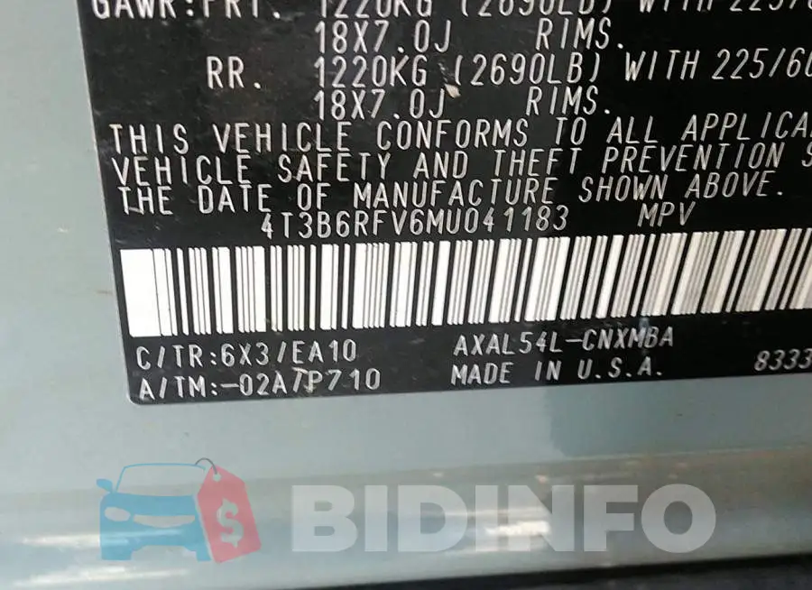 4T3B6RFV6MU041183 Photo# 9