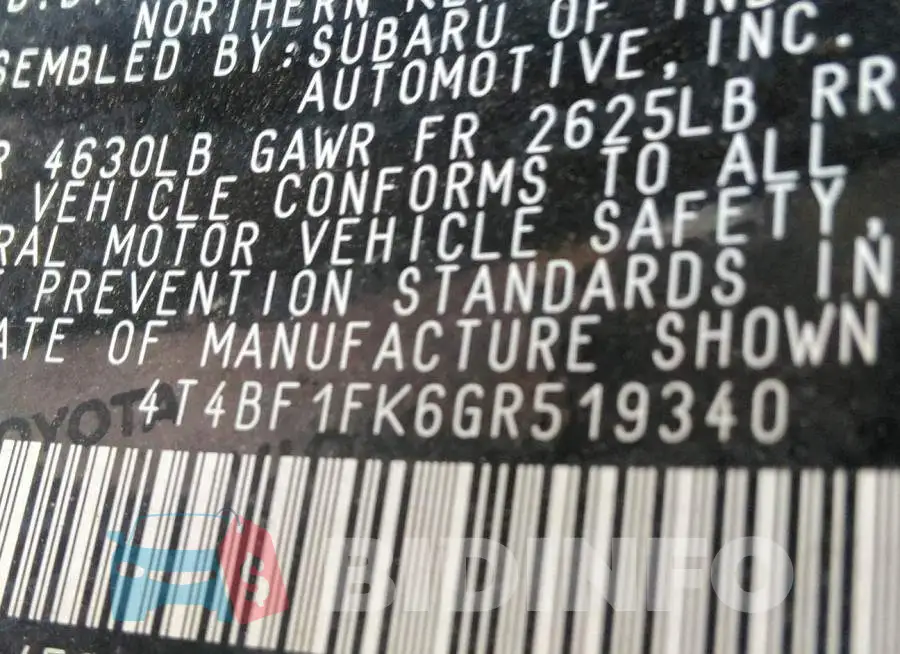 4T4BF1FK6GR519340 Photo# 9