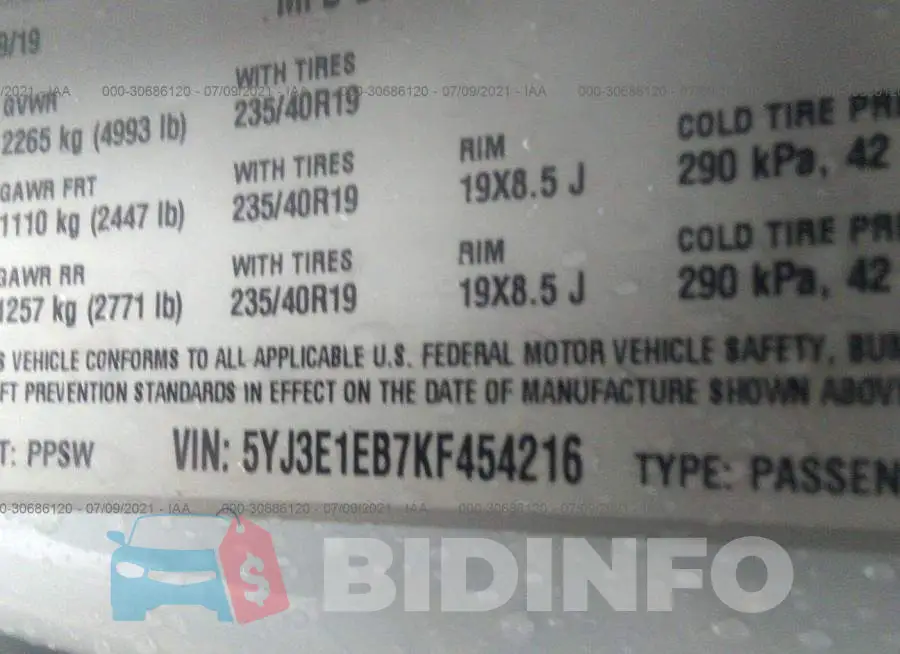 5YJ3E1EB7KF454216 Photo# 9