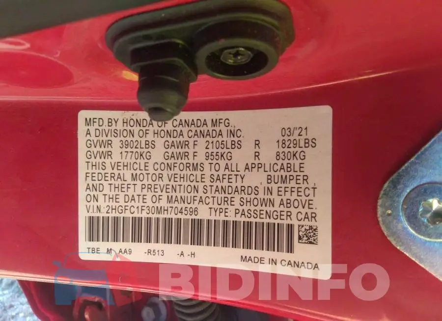 2HGFC1F30MH704596 Photo# 9