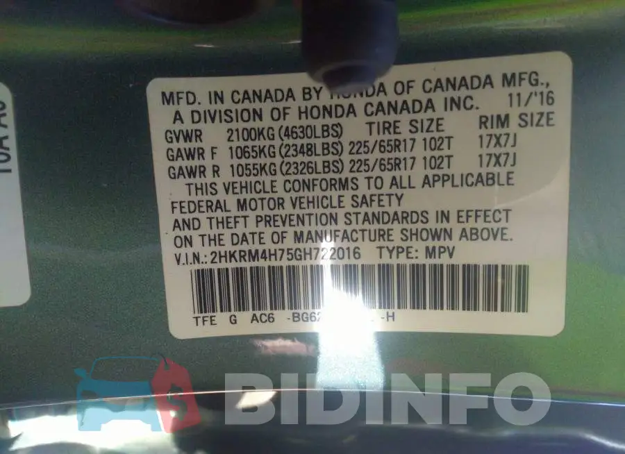 2HKRM4H75GH722016 Photo# 9