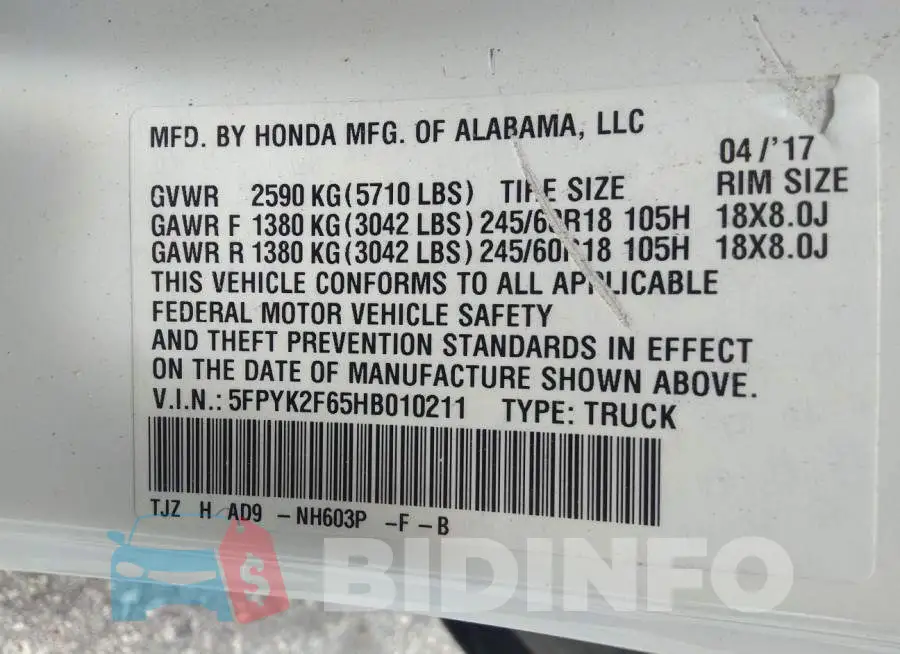 5FPYK2F65HB010211 Photo# 9