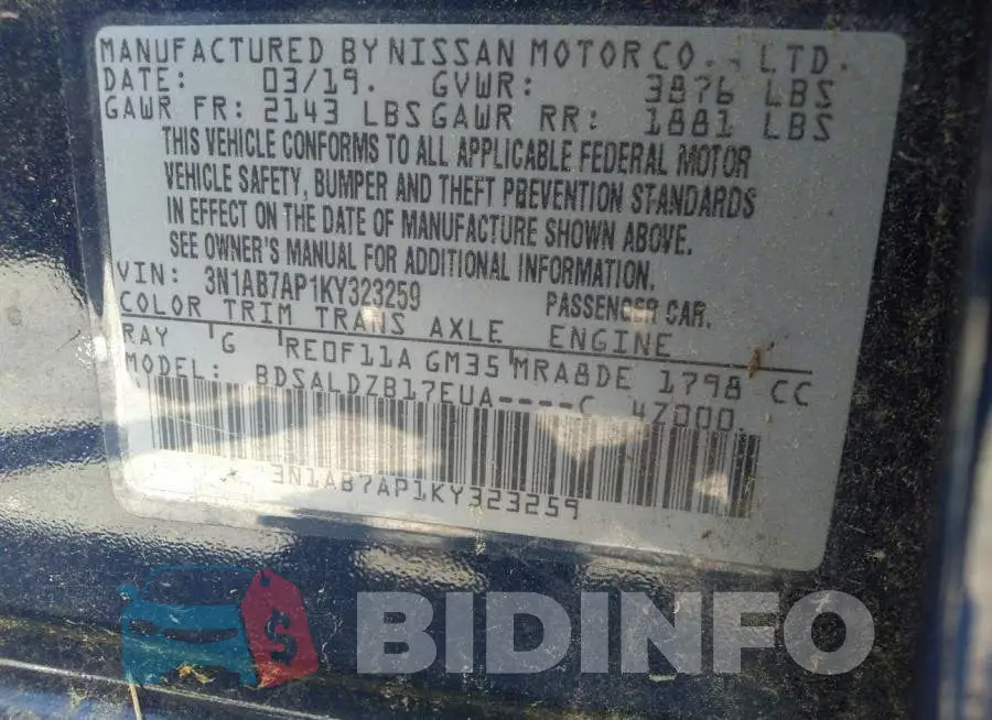 3N1AB7AP1KY323259 Photo# 9