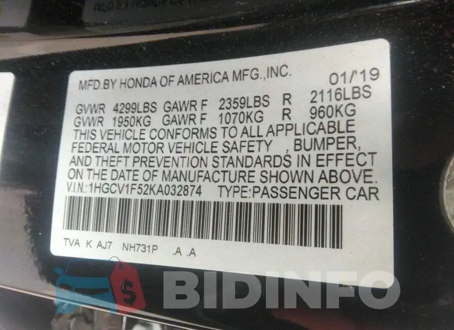 1HGCV1F52KA032874 Photo# 9