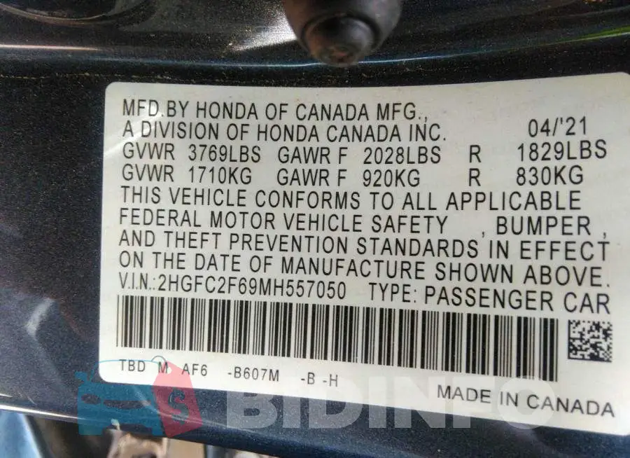 2HGFC2F69MH557050 Photo# 9