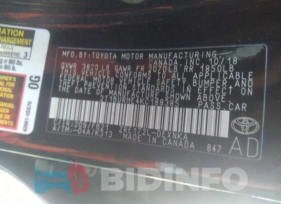 2T1BURHE4KC188385 Photo# 9