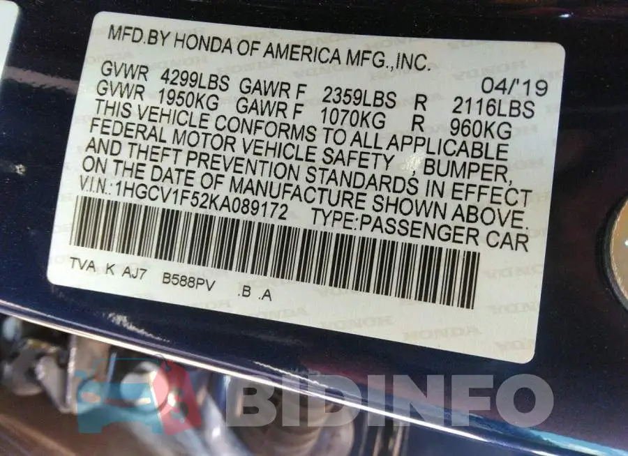 1HGCV1F52KA089172 Photo# 9