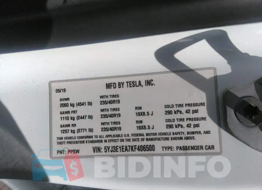 5YJ3E1EA7KF406500 Photo# 9