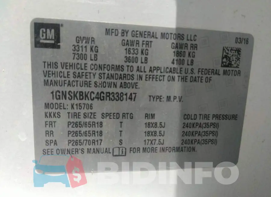 1GNSKBKC4GR338147 Photo# 9