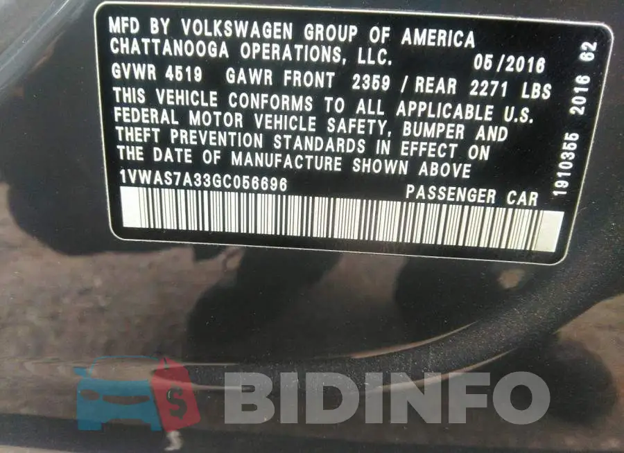 1VWAS7A33GC056696 Photo# 9
