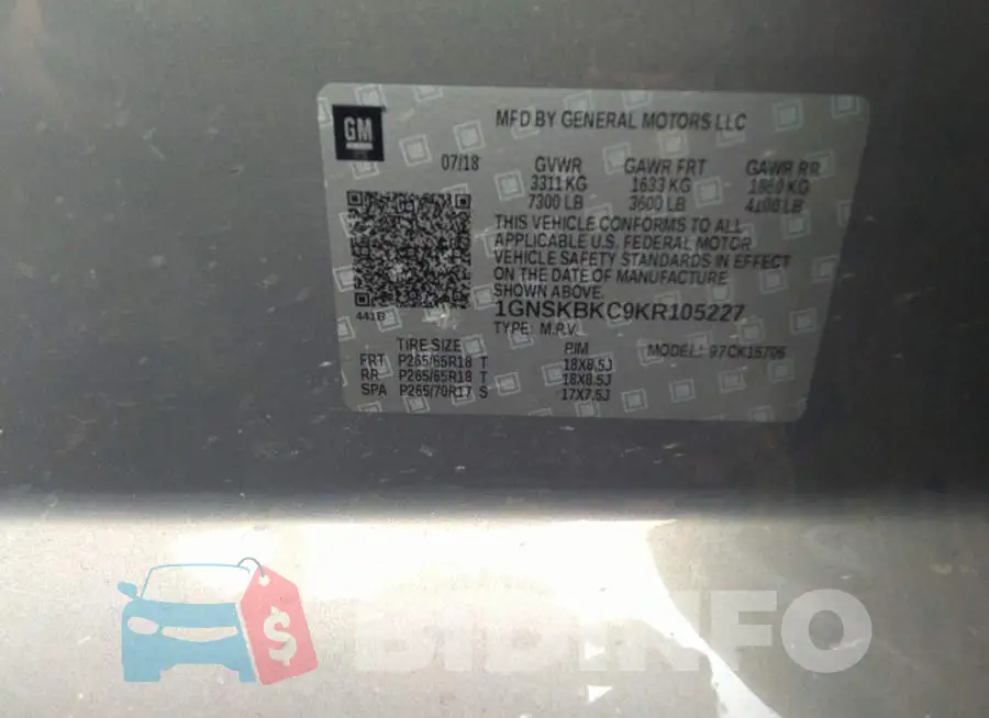 1GNSKBKC9KR105227 Photo# 9
