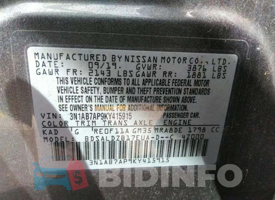 3N1AB7AP9KY415915 Photo# 9