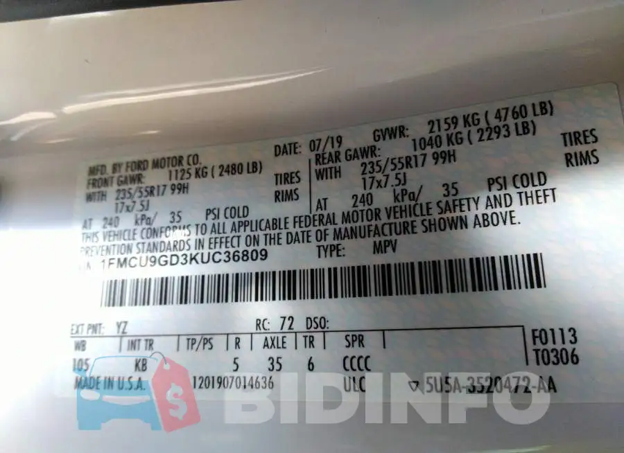 1FMCU9GD3KUC36809 Photo# 9