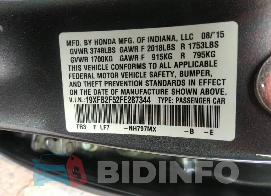19XFB2F52FE287344 Photo# 9