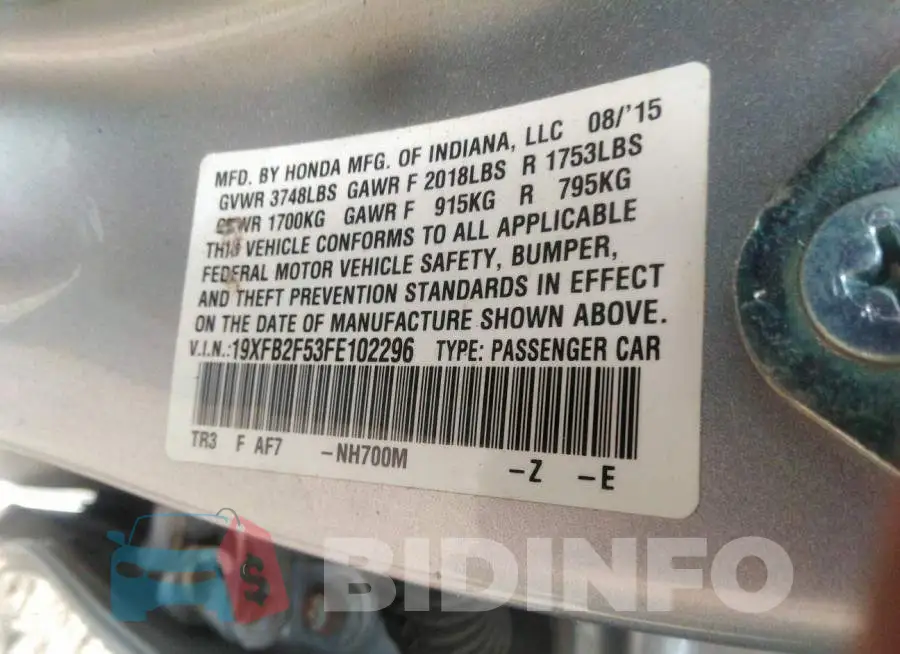 19XFB2F53FE102296 Photo# 9