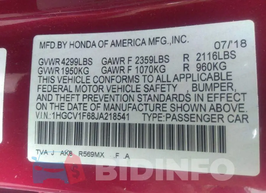 1HGCV1F68JA218541 Photo# 9
