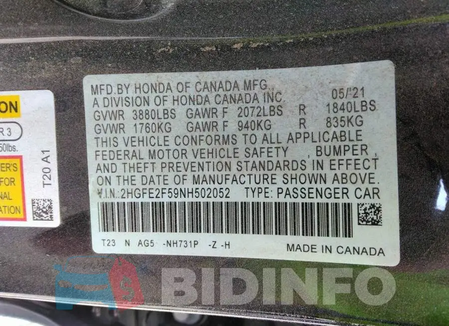 2HGFE2F59NH502052 Photo# 9