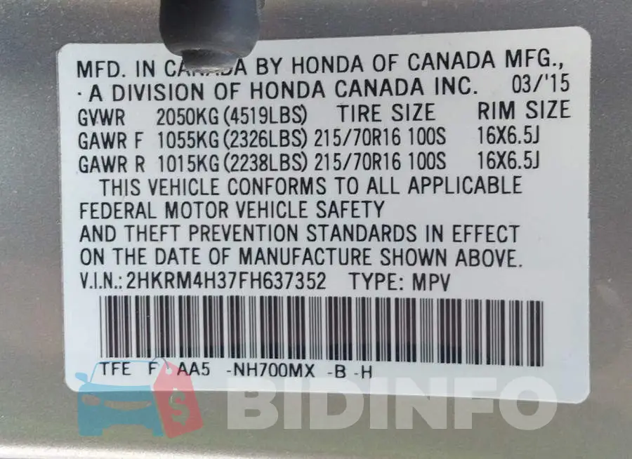 2HKRM4H37FH637352 Photo# 9
