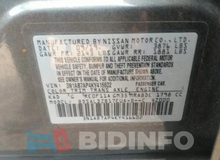 3N1AB7AP4KY416602 Photo# 9