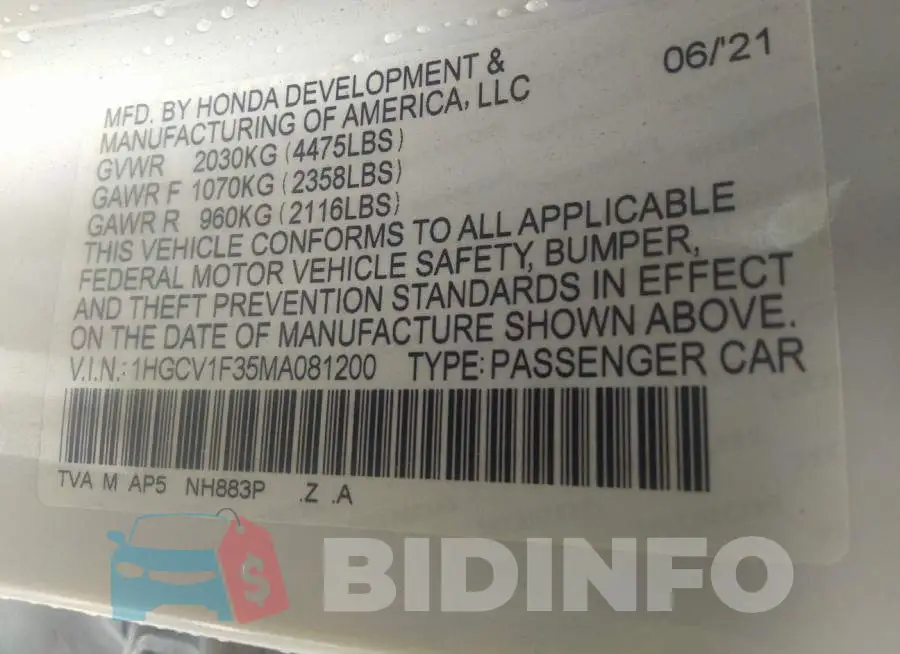 1HGCV1F35MA081200 Photo# 9