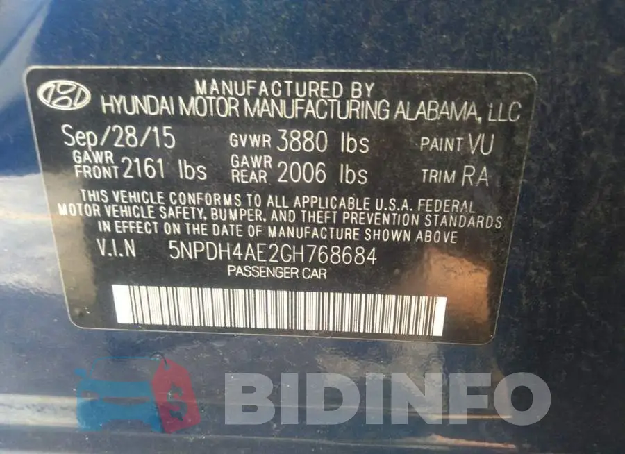 5NPDH4AE2GH768684 Photo# 9
