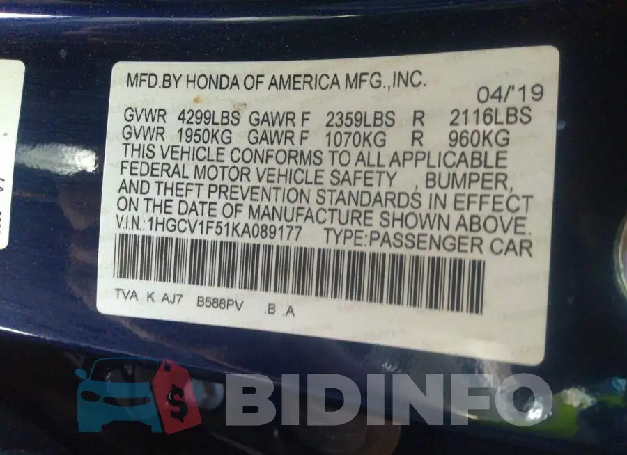 1HGCV1F51KA089177 Photo# 9