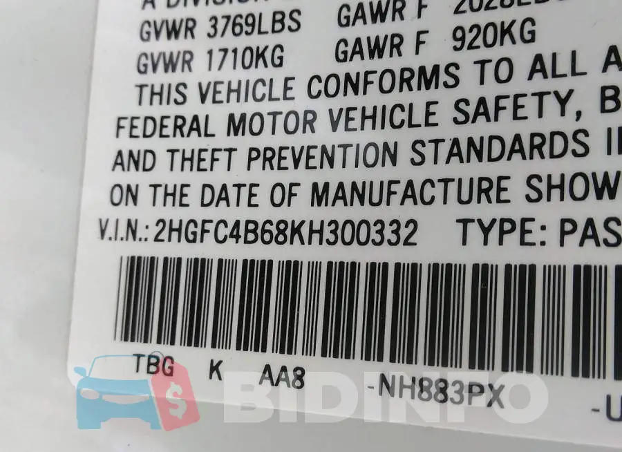 2HGFC4B68KH300332 Photo# 9