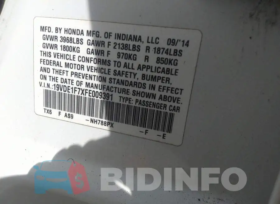19VDE1F7XFE009391 Photo# 9