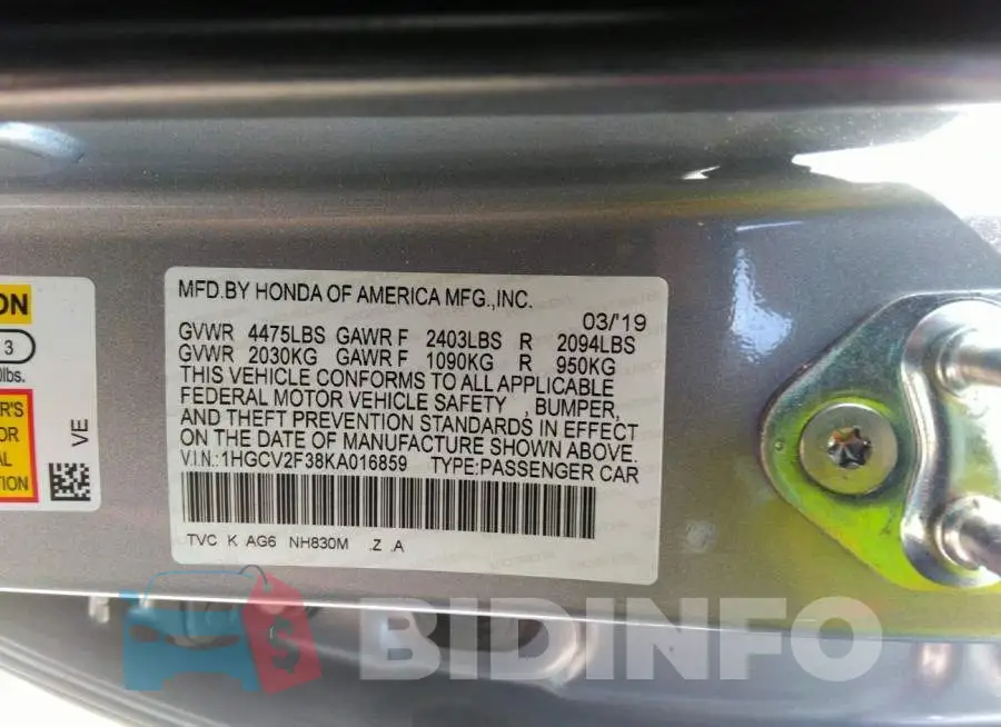 1HGCV2F38KA016859 Photo# 9