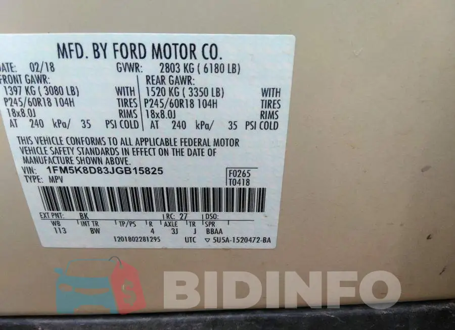 1FM5K8D83JGB15825 Photo# 9