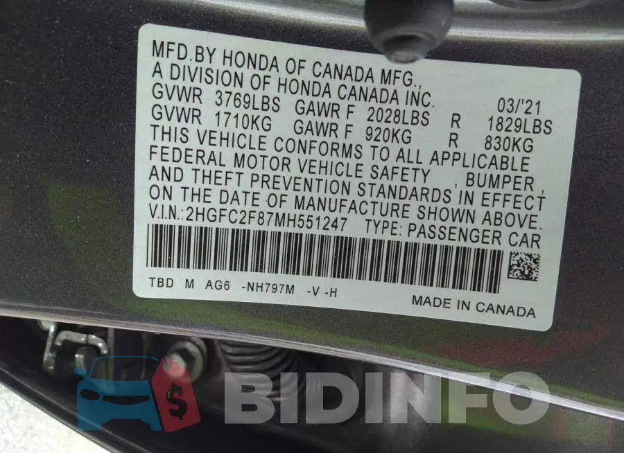 2HGFC2F87MH551247 Photo# 9