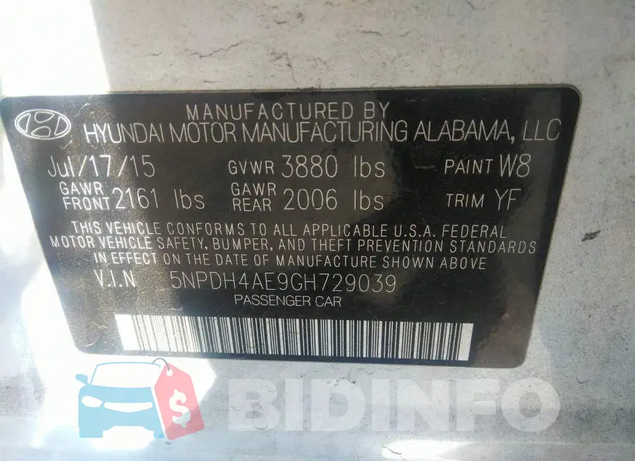 5NPDH4AE9GH729039 Photo# 9