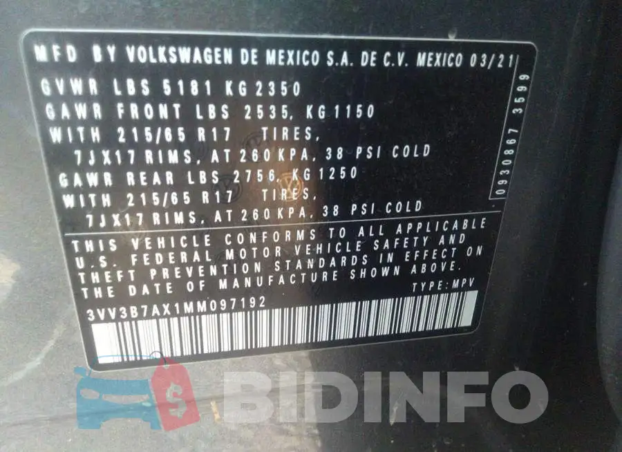 3VV3B7AX1MM097192 Photo# 9