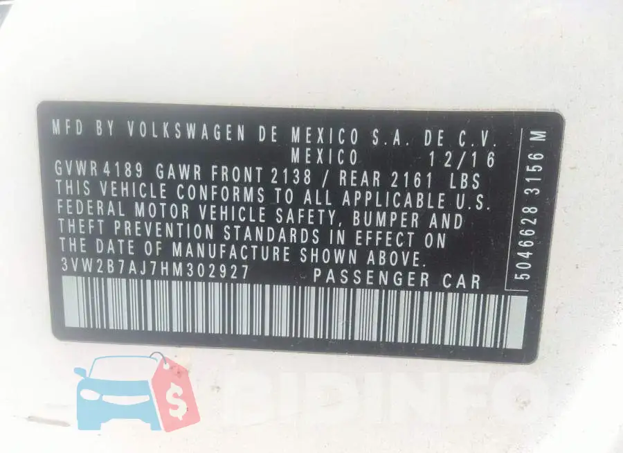 3VW2B7AJ7HM302927 Photo# 9