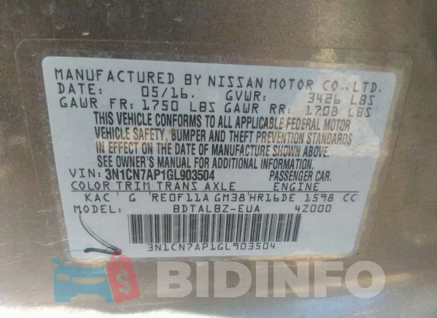 3N1CN7AP1GL903504 Photo# 9