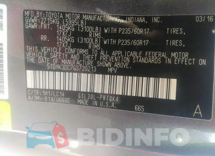 5TDYK3DC7GS720213 Photo# 8