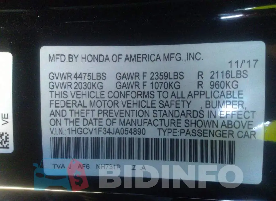 1HGCV1F34JA054890 Photo# 9